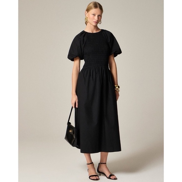 NWT!! J. CREW Meadow Dress Smocked Cotton Poplin Solid Black Midi Small Tall - Picture 1 of 15